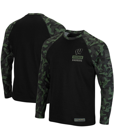 Colosseum Men's Black Wisconsin Badgers Oht Military-inspired Appreciation Camo Raglan Long Sleeve T-shirt