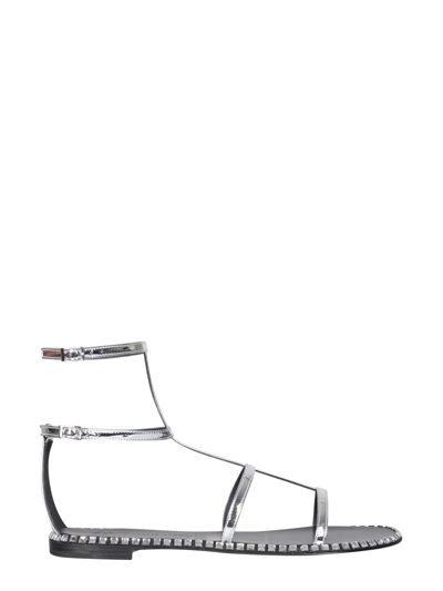 Giuseppe Zanotti Flat Gladiator Sandals With Mirrored Upper In Silver