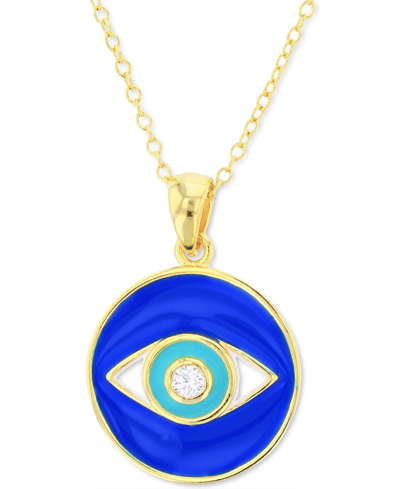 Macy's Cubic Zirconia & Enamel Evil Eye Disc Pendant Necklace In 14k Gold-plated Sterling Silver, 16" + 2" In Yellow Gold