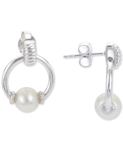 Macy's Cultured Freshwater Pearl (7mm) Doorknocker Drop Earrings In Sterling Silver