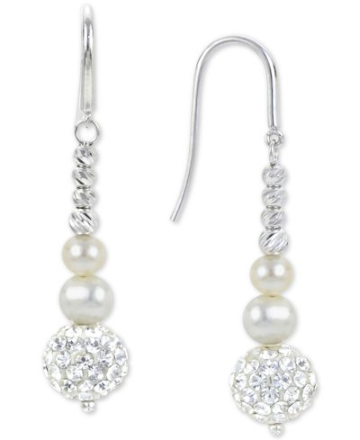 Macy's Cultured Freshwater Pearl (4-6mm) & Crystal Linear Drop Earrings In Sterling Silver