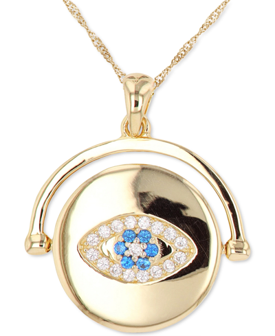 Macy's Lab-grown Blue Spinel (1/8 Ct. T.w.) Cubic Zirconia Evil Eye Disc Pendant Necklace In 14k Gold-plate