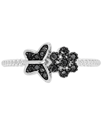 Macy's Black Spinel Butterfly & Flower Ring (1/5 Ct. T.w.) In Sterling Silver & Black Rhodium-plate