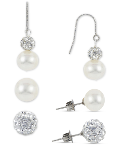 Macy's 3-pc. Set Cultured Freshwater Pearl (8 & 10mm) & Crystal Stud & Drop Earrings In Sterling Silver