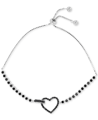Macy's Black Spinel Open Heart Bolo Bracelet (1-3/8 Ct. T.w.) In Sterling Silver