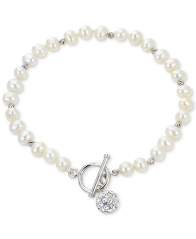 Macy's Cultured Freshwater Pearl (5-5-1/2mm) & Crystal Toggle Bracelet In Sterling Silver