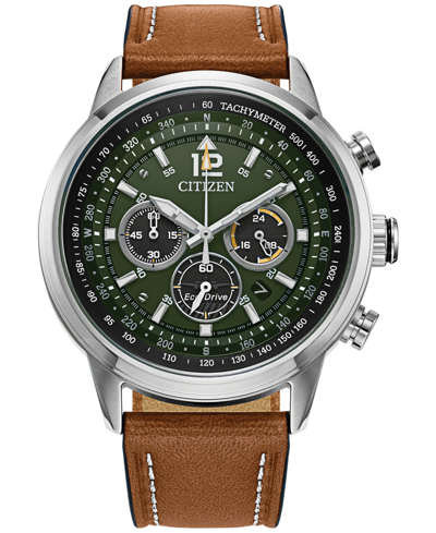 Citizen Eco-drive Men's Chronograph Avion Brown Leather Strap Watch 44mm In Brown / Green
