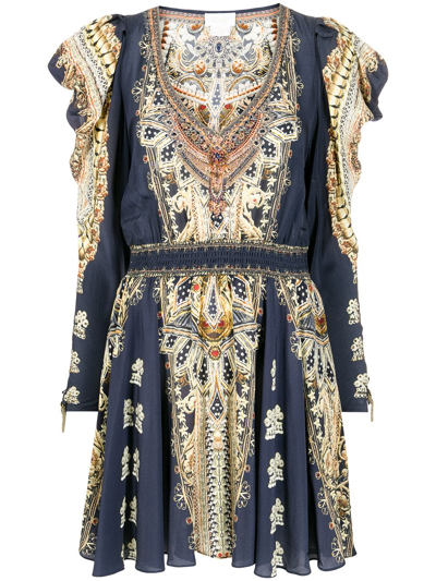 Camilla Mix-print Silk Flared Dress In Blue