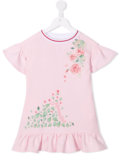 Monnalisa Kids' 花卉印花荷叶边连衣裙 In Pink