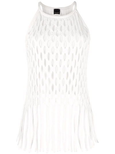 Pinko Fringed Open-knit Halterneck Top In White