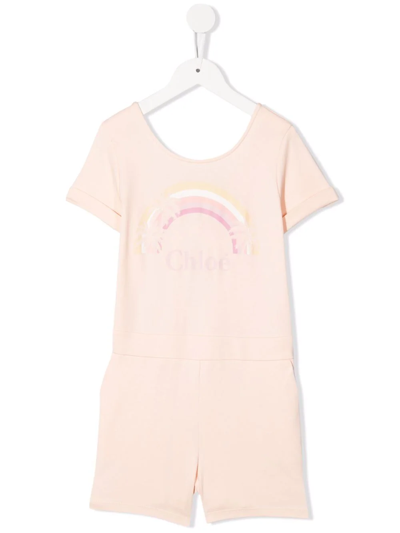 Chloé Kids' Logo Print Playsuit In Neutrals