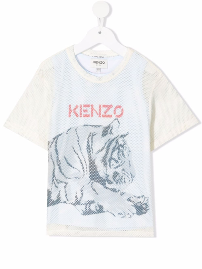 Kenzo Teen Perforated Tiger-print T-shirt In Neutrals