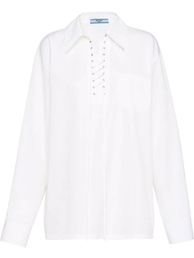 Prada Laced-placket Long-sleeve Tailored Shirt In White