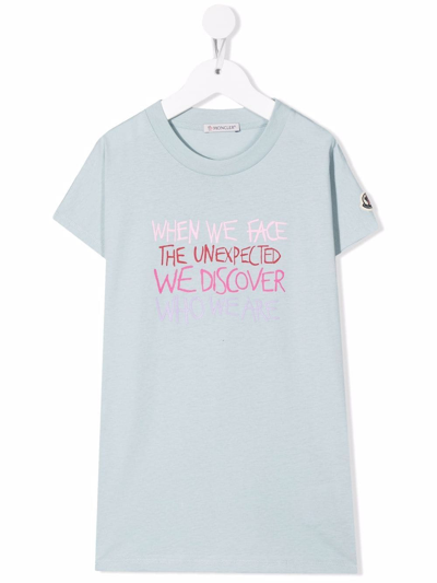 Moncler Kids' Sleeve-patch Slogan T-shirt In Blue