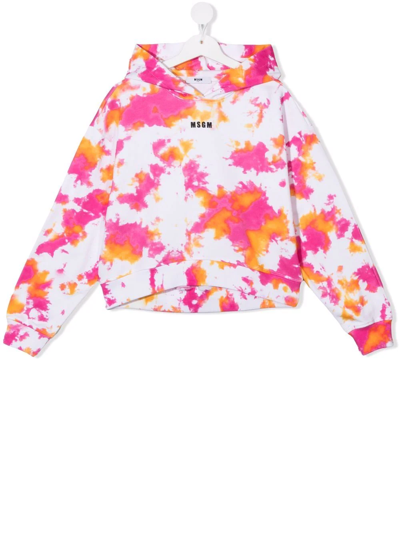 Msgm Kids Hoodie With Micro Logo And Fuchsia And Orange Tie Dye Print In Multicolor
