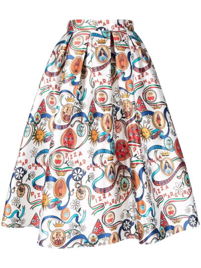 Alessandro Enriquez White Bell Midi Skirt With Southern Italy Graphic Print In Multicolor