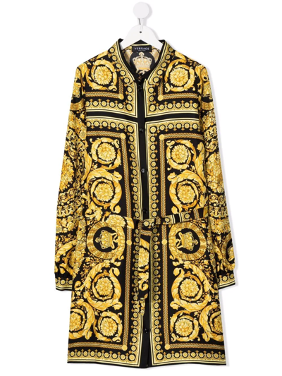 Versace Kids' Baroque-pattern Print Silk Shirt Dress In Black