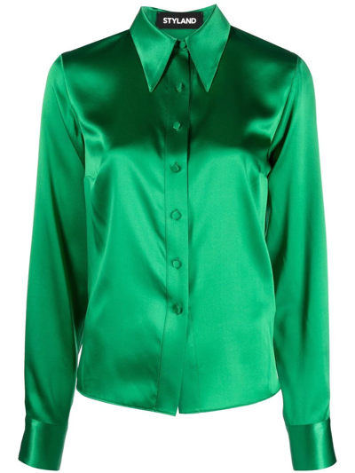 Styland Button-down Silk Blouse In Green