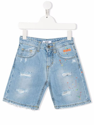 Msgm Kids' Distressed-effect Knee-length Denim Shorts In Blue