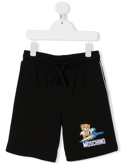 Moschino Kids' Teddy Bear Cotton Track Shorts In Nero
