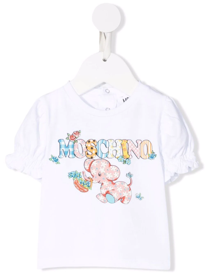 Moschino Baby White T-shirt With Calico Elephant Print In Bianco
