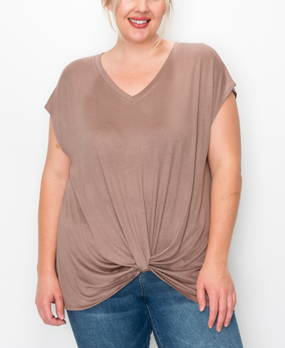 Coin Plus Size V-neck Twist Front Top In Toffee