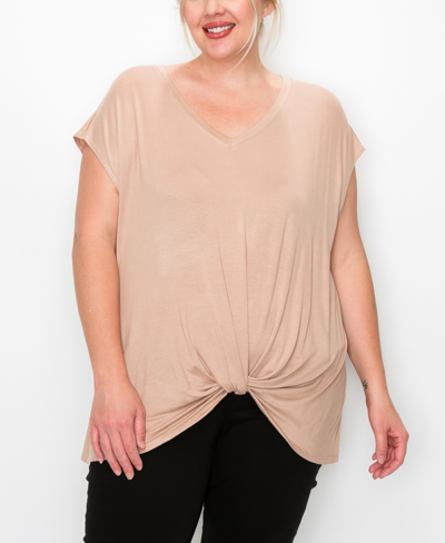 Coin Plus Size V-neck Twist Front Top In Mocha Light