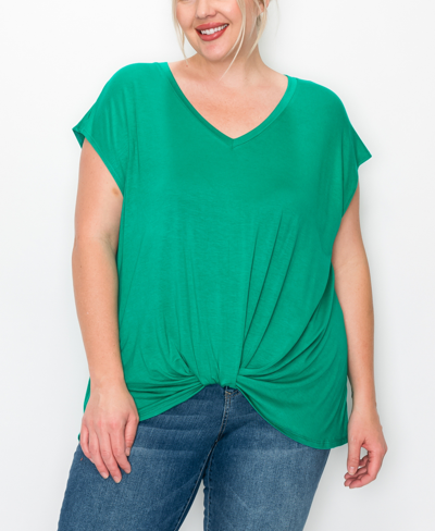 Coin Plus Size V-neck Twist Front Top In Kelly Green