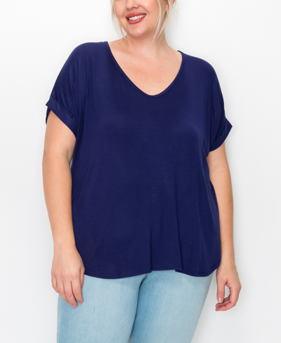 Coin Plus Size V-neck Rolled Sleeve Top In Navy Vibrant