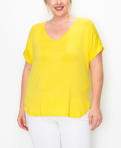 Coin Plus Size V-neck Rolled Sleeve Top In Bright Yellow