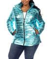 White Mark Plus Size Metallic Puffer Coat With Hoodie In Mint