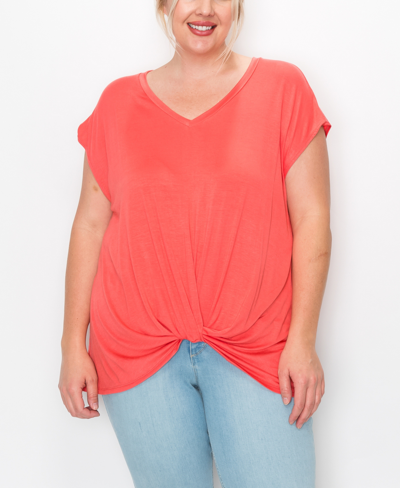 Coin Plus Size V-neck Twist Front Top In Corrallish