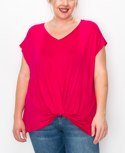 Coin Plus Size V-neck Rolled Sleeve Top In Hot Pink