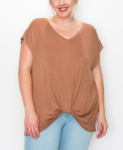 Coin Plus Size V-neck Twist Front Top In Latte