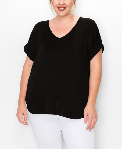 Coin Plus Size V-neck Rolled Sleeve Top In Black