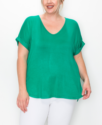 Coin Plus Size V-neck Rolled Sleeve Top In Dusty Green