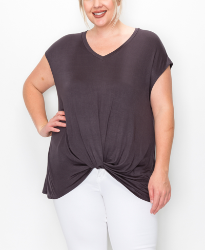 Coin Plus Size V-neck Twist Front Top In Charcoal