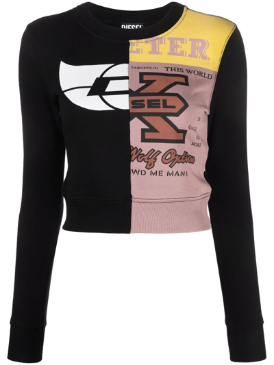 Diesel Mix-print Cropped Sweatshirt In Black