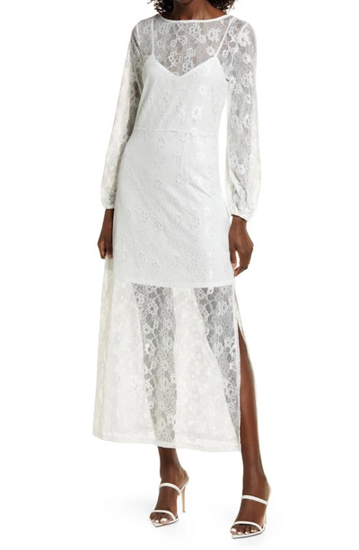 Open Edit Sheer Lace Long Sleeve Maxi Dress In Ivory