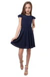Un Deux Trois Girl's Flutter Sleeve Dress In Navy