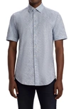 Bugatchi Tech Geo Print Short Sleeve Knit Stretch Cotton Button-up Shirt In Cobalt