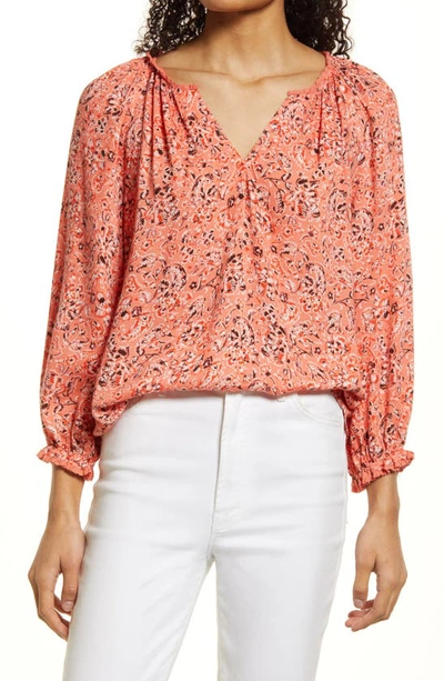 Wit & Wisdom Floral Split Neck Popover Top In Comu-coral Multi