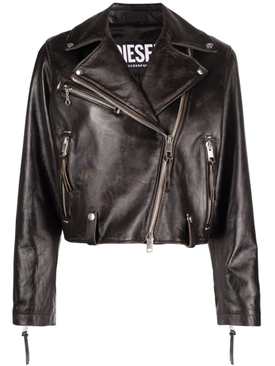 Diesel Off-centre Zipped Leather Jacket In Black
