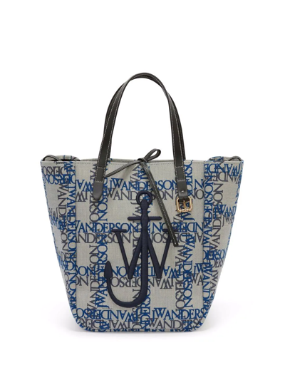 Jw Anderson Jacquard-logo Embroidered Tote In Black Off White Blue