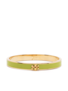 Tory Burch Kira Logo Colored Bangle Bracelet In Green/gold
