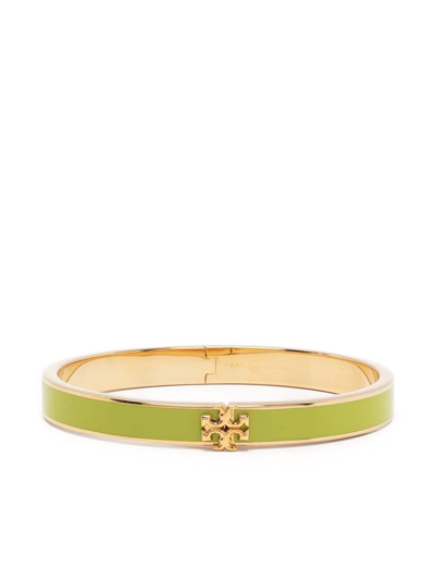 Tory Burch Kira Logo Colored Bangle Bracelet In Green/gold