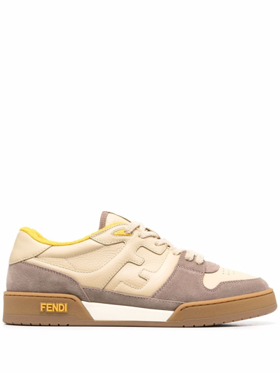 Fendi Men's Leather Ff-logo Low-top Trainers In Beige,brown,yellow