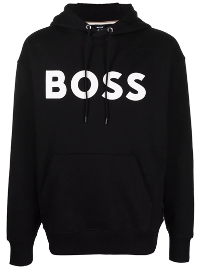 Hugo Boss Iconic Cotton Logo Print Oversized Fit Hoodie In Black