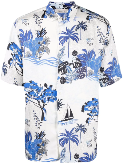 Laneus Leaf-print Short-sleeve Shirt In White