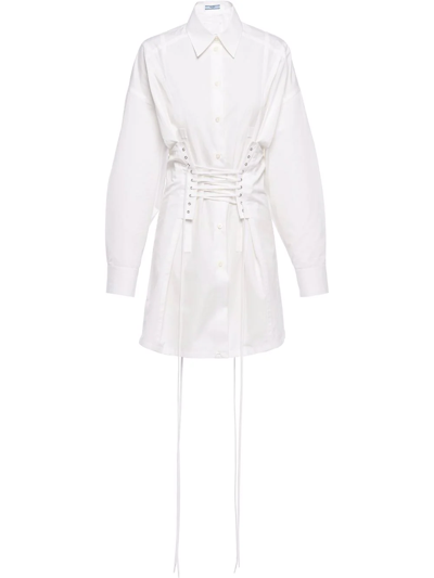 Prada Corset-waist Cotton-poplin Shirt Dress In White